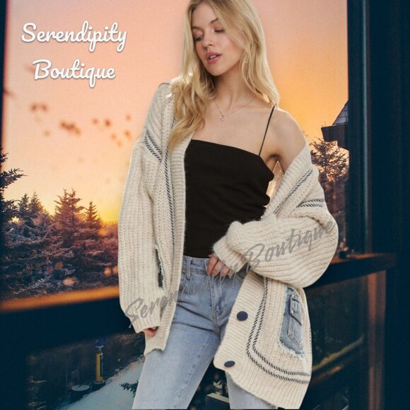 Softest Sweater You'll Ever Wrap Around Your Body Chunky Boho Denim Accent Cardi - Picture 2 of 11